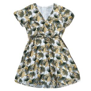 Tropical Leaf Print Boutique Dress V Neck White Green Size Large